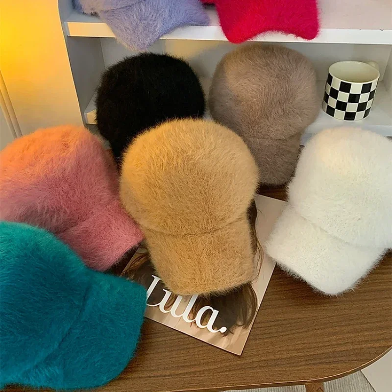 Ins Solid Color Rabbit Hair Baseball Caps Women Autumn and Winter Korean Versatile Warm Show Face Small Plush Duck Bill Hat