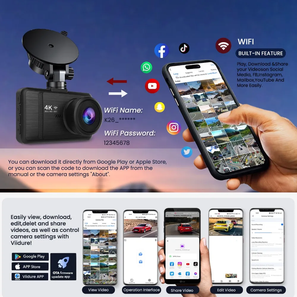 KQQ Car Dash camera 4k for Cars Ront and Rear Dual Lens Auto Car Dvr Built-in Wifi Support WDR Night Vision 24H Parking Monitor