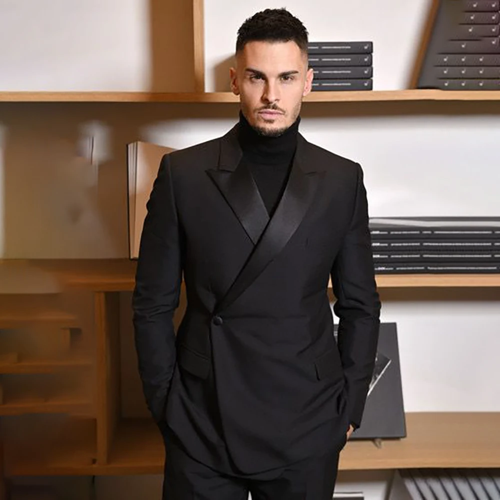 

Мужской костюм на заказ черного цвета, роскошный, с одной пуговицей, приталенный, из 2 предметов: пиджак и брюки, смарт-кэжуал, мужская одежда, костюм Homme