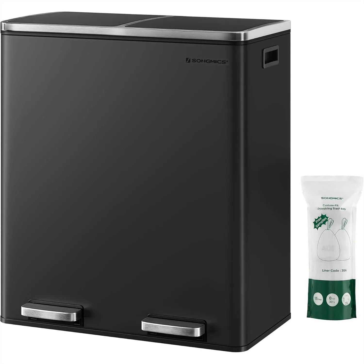 

2 x 8 Gallon Trash Can for Kitchen, Dual Compartment Garbage Can with Pedal, Soft Close Lid, Steel, Black