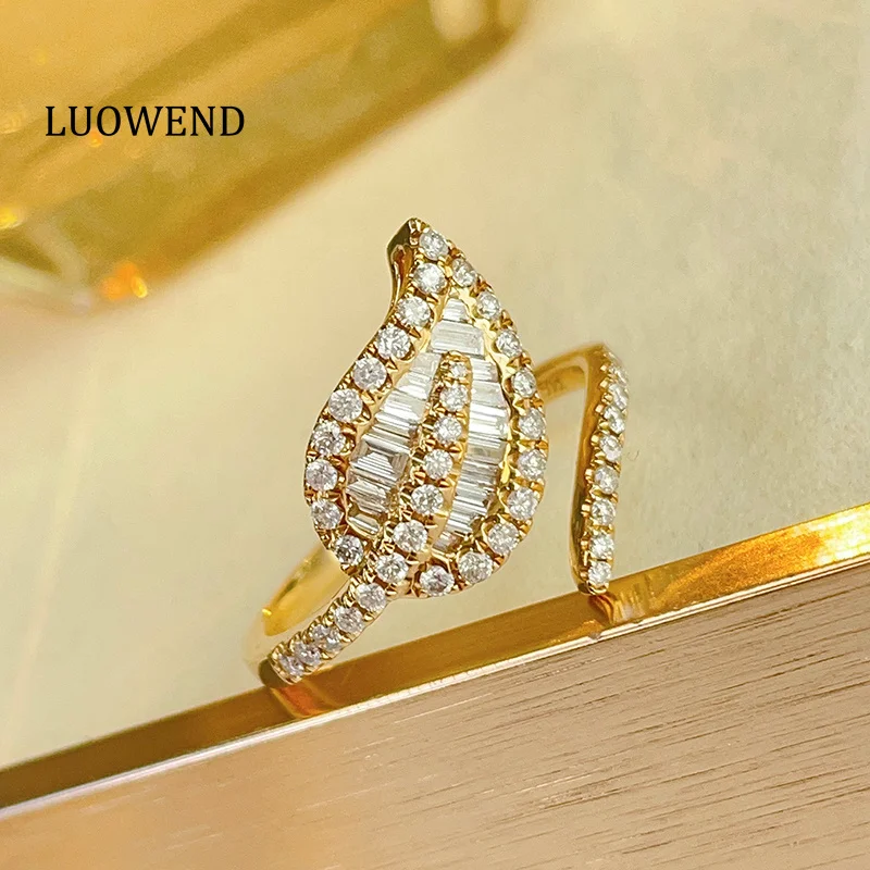 LUOWEND 100% 18K Yellow Gold Rings Fashion Leaf Shape 0.50carat Real Natural Diamond Open Ring for Women High Party Jewelry