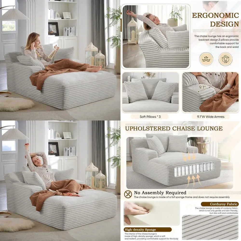 Modern Oversized Chaise Lounge Chair Indoor, 50W Upholstered Sofa with 3 Pillows, Comfy Fluffy Cloud Couch, Deep Seat Seating