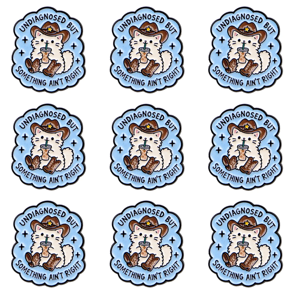 9pcs Cartoon Cowboy Cat Lapel Pin Humorous Slogan Enamel Pin Mental Awareness Brooch Gift For Cat Lovers