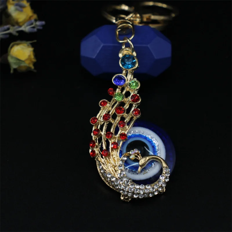 Religious Evil Eye Keychain Pendant Car Key & Keyring Deep Blue Peacock Animal Women Bag Accessories