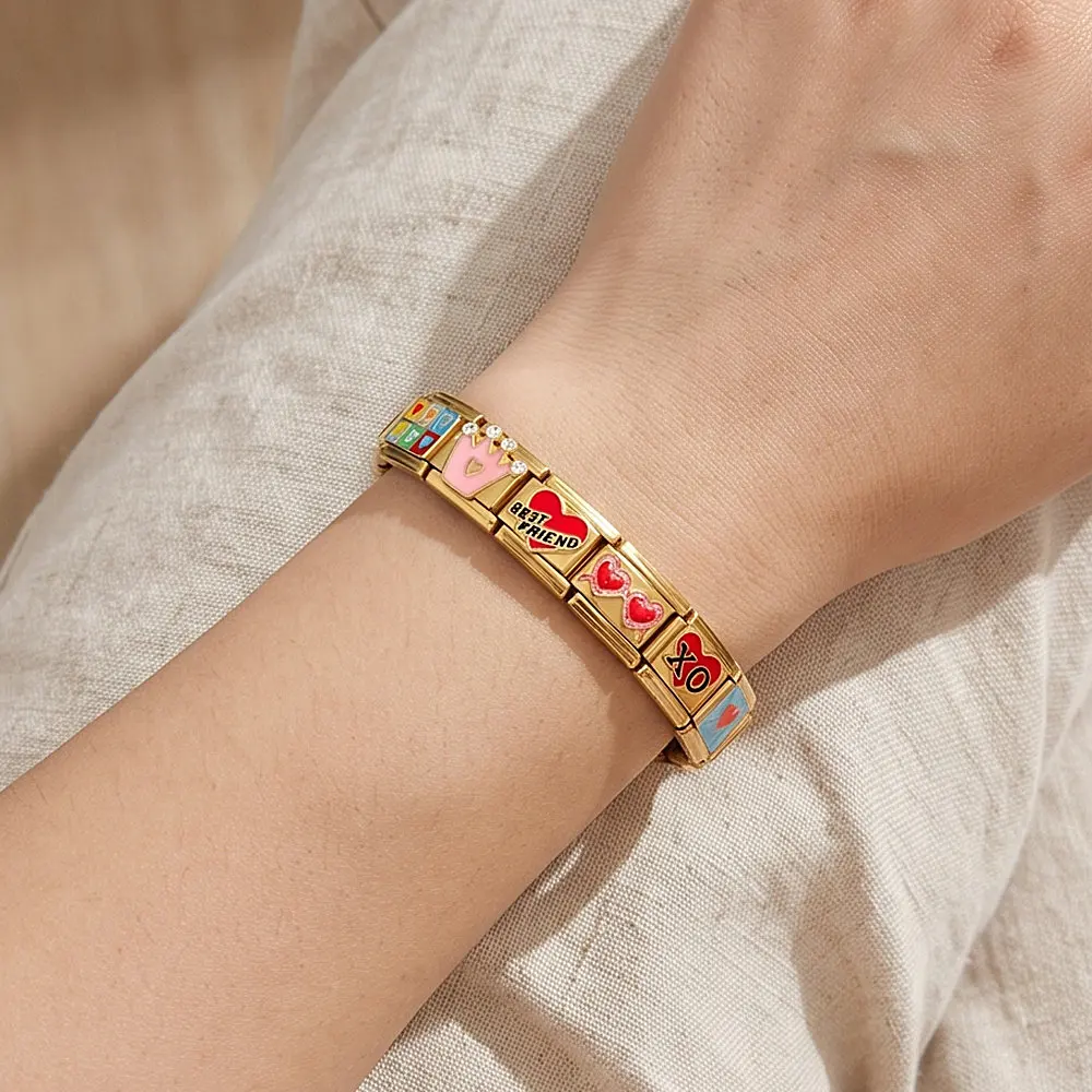 9 mm goldfarben beschichtete italienische Charm-Perlen mit Herz-, Kronen- und Unendlichkeitssymbolen, Edelstahl-Gliederarmband, DIY-Schmuckherstellung für Damen – Detail 5