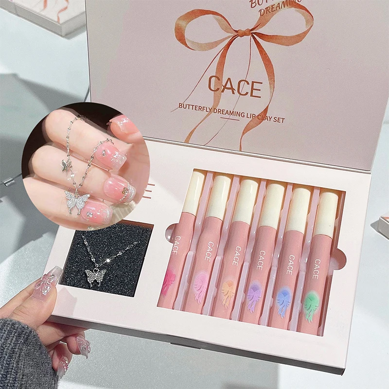 CACE 6-teiliges Lipgloss-Make-up-Set, Matte Flüssig-Lippenstifte, Langanhaltende Feuchtigkeitsspendende Lippenfarbe, Wasserfeste Lippen-Mud-Kits mit Halskette