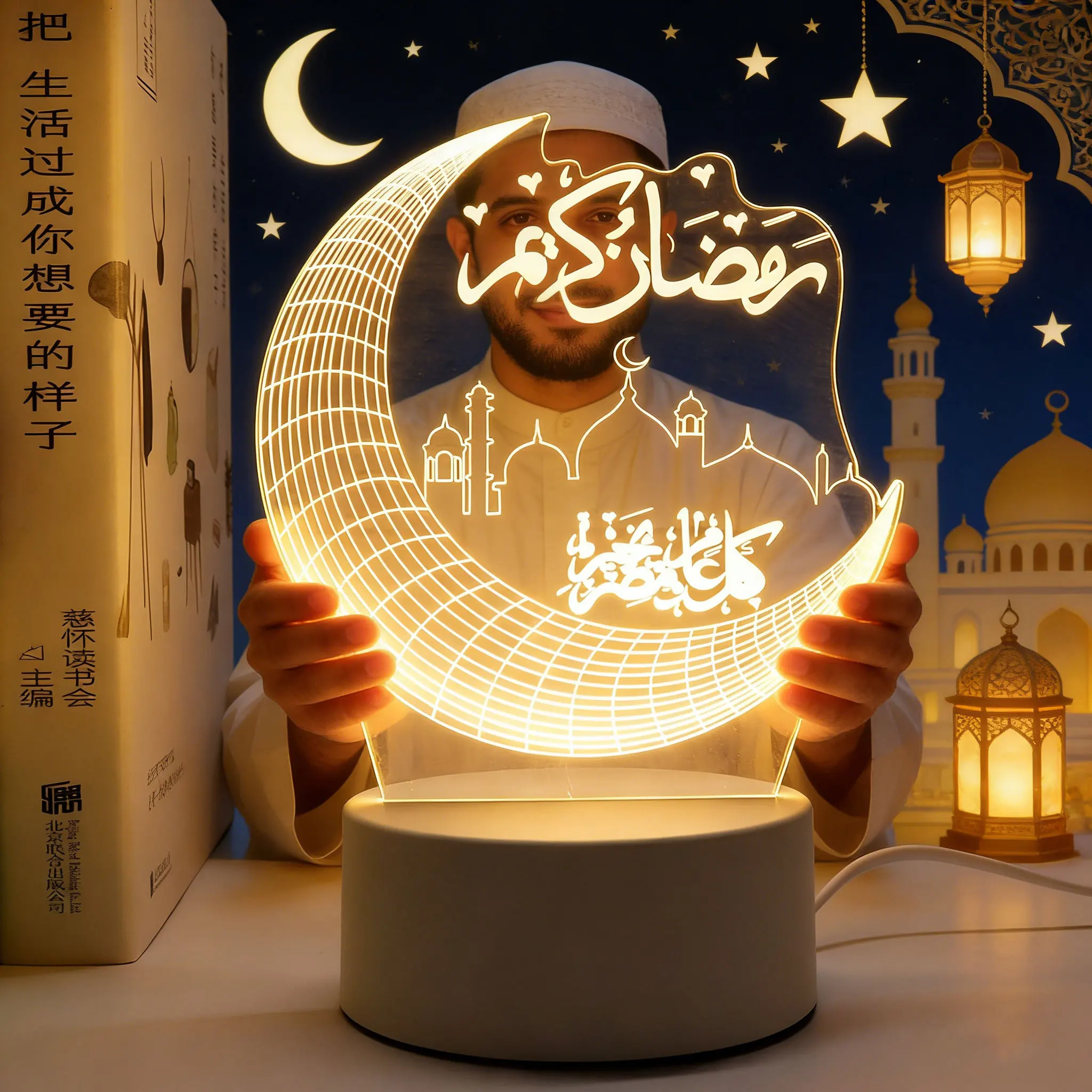 

3D Acrylic LED Night Light USB Plug Table Lamp Ornament Muslim Eid Al Adha Holiday Ramadan Home Room Decoration Eid Mubarak