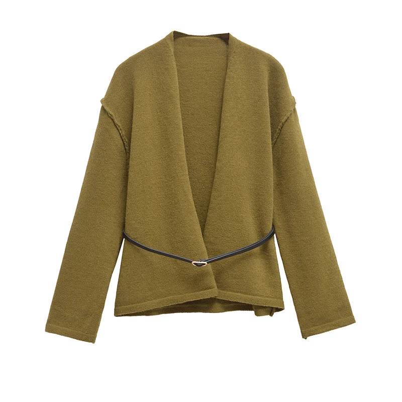 ﻿ YENKYE Women Dark Olive With Belted Cardigan Coat Long Sleee Autumn Winter High Street Outerwear