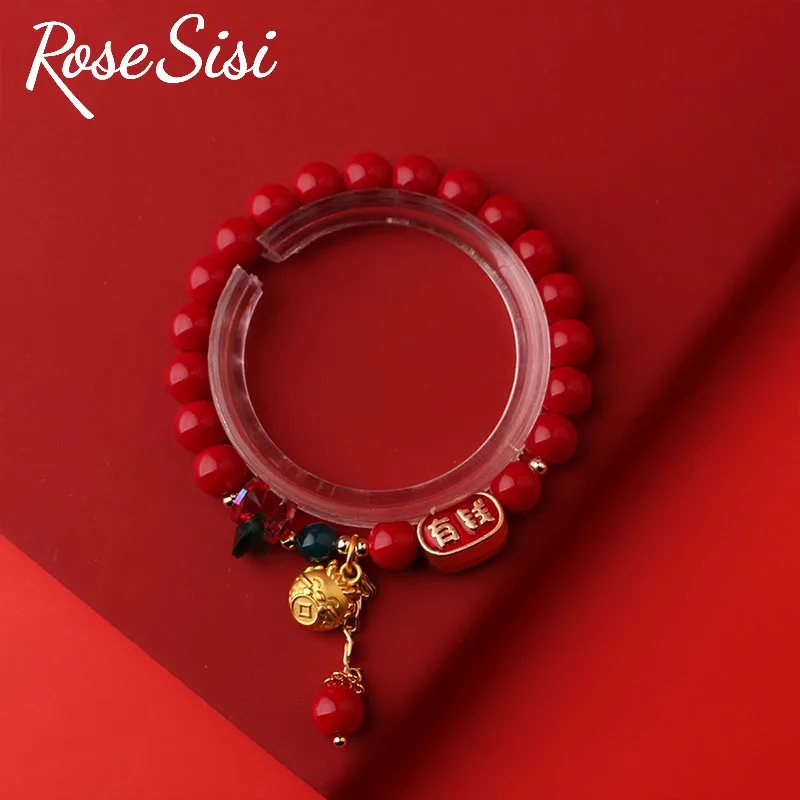 Rose sisi Chinese Style New Year Dragon Zodiac Bracelet for girl Red Coral Beads Elastic Handrope hansel Clothing accessories