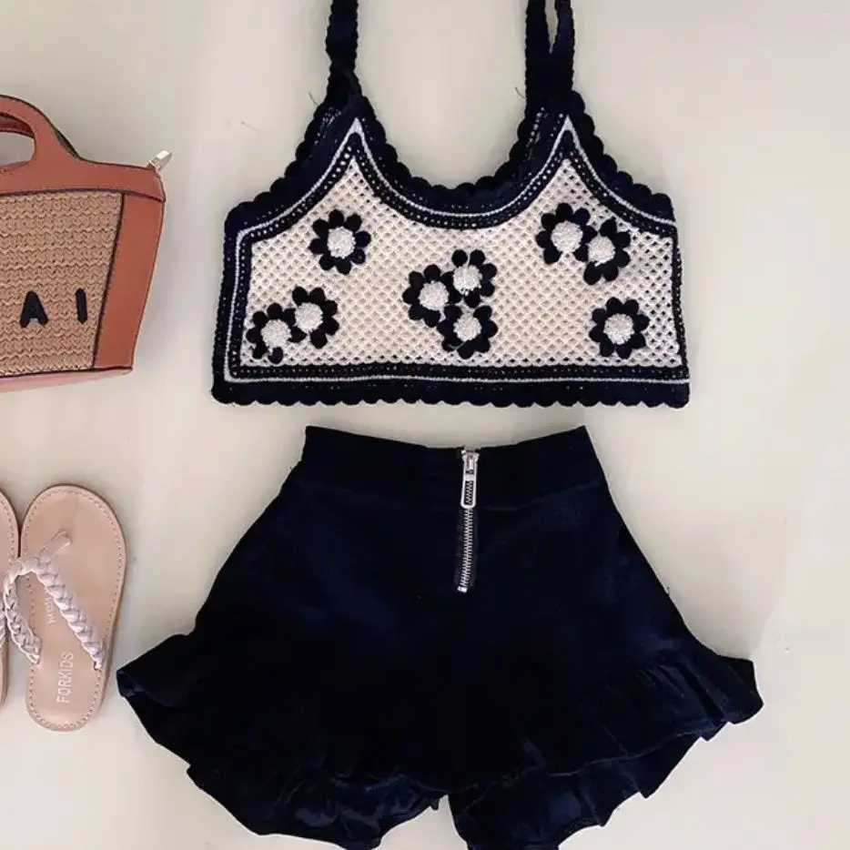 2023 Summer New Fashion Girl Comfortable Casual Knitted Sleeveless Vest Black Short-sleeved Pants Two-piece Boutique Clothing