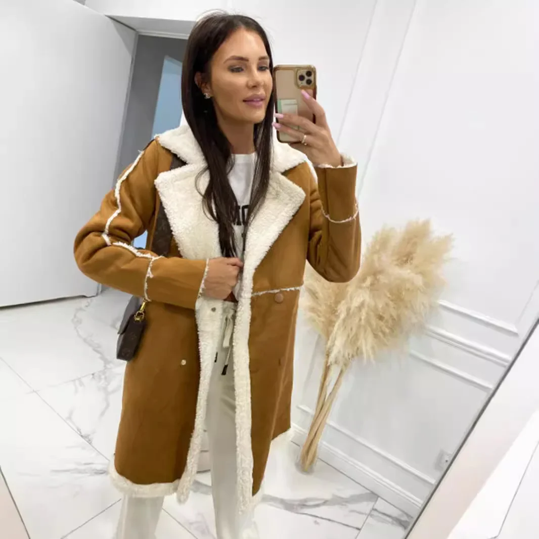 

Женская Повседневная куртка в стиле пэчворк, однотонная модная куртка из овечьей шерсти в европейском и американском стиле с карманами, Осень-зима