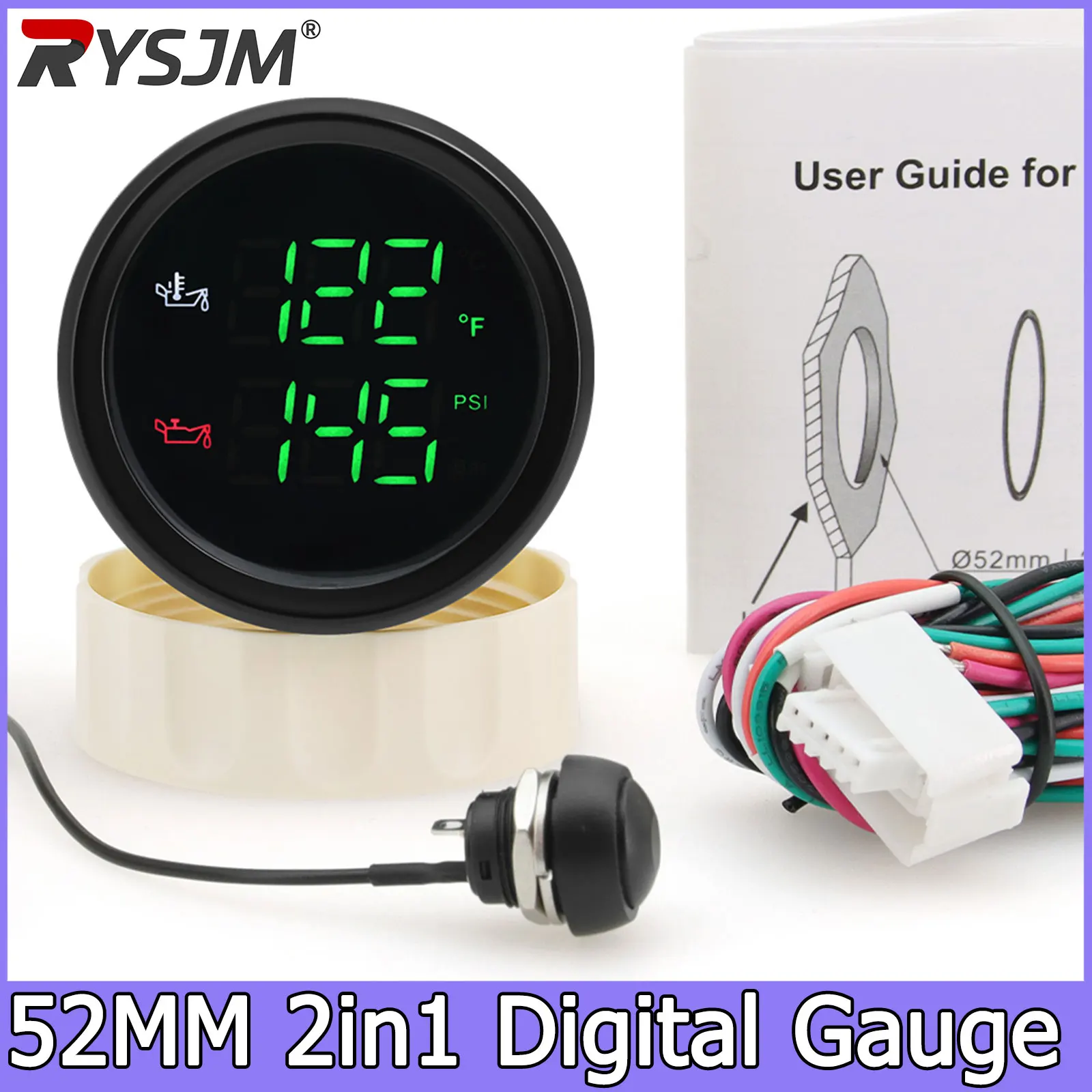 2in1 52mm Dual Gauge with Alarm Oil Pressure Metet 10 Bar 145 PSI Oil Temperature Gauge 50~150 C 122-302 F Oil Temp Press Sensor