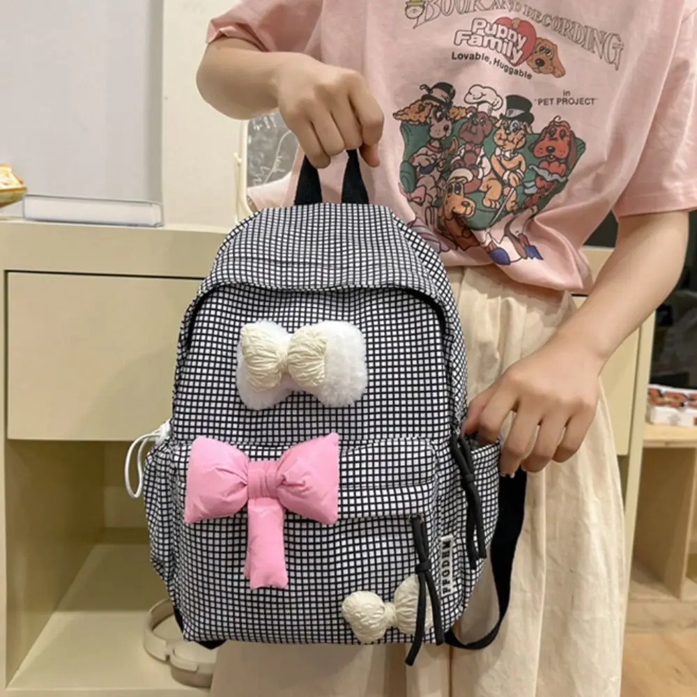 Large Capacity Cute Bowknot Backpack Lattice Korean Style Nylon Student School Bag Solid Color Lightweight