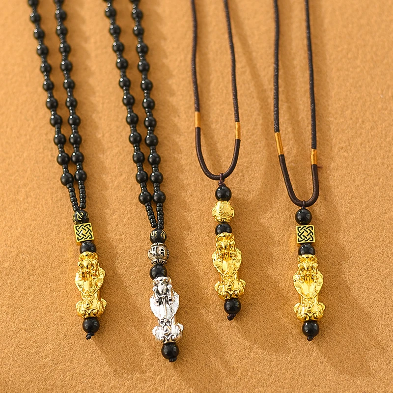 Pixiu Pendant Necklace Bring Wealth and Good Luck Charm Necklace Chinese Feng Shui Faith Obsidian Stone Beads Necklaces Jewelry