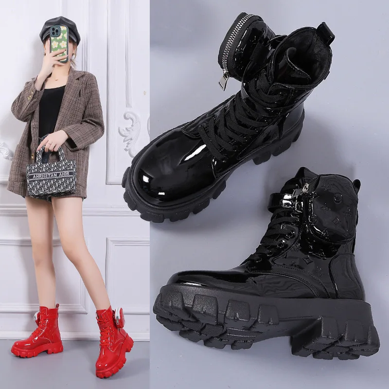 Red bag boots, women\'s new printed color, plush and thick bottom, lace up short boots women boots