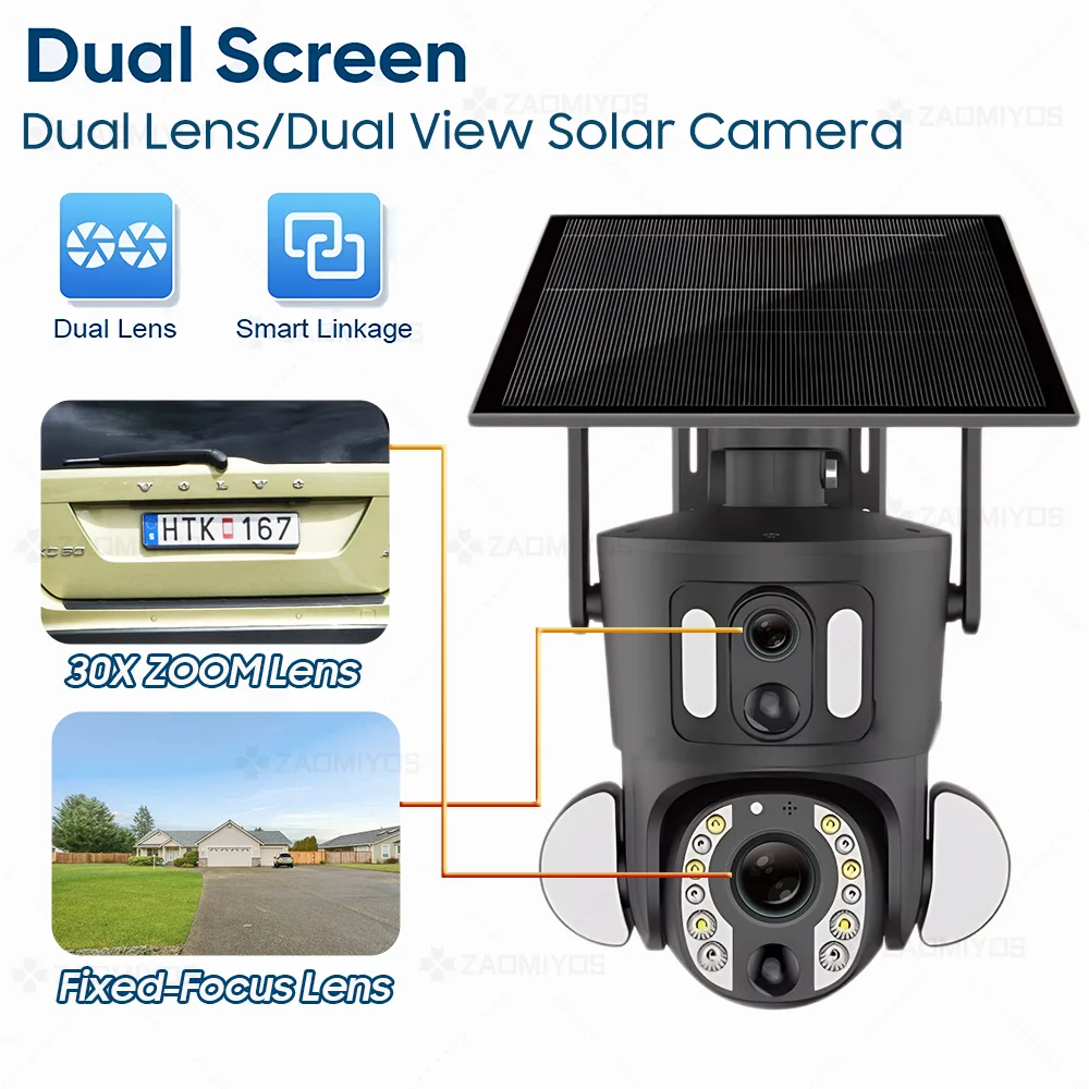 4K 30X Optical Zoom Dual Screen Security พลังงานแสงอาทิตย์กล้อง 8MP 4G Sim/WiFi PTZ Dual PIR Detection Humanoid การติดตามอัตโนมัติกล้องวงจรปิด IP Cam