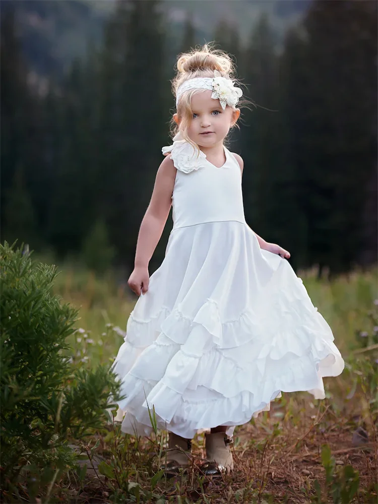 

New Arrival V Neckline Sleeveless Chiffon A-Line Flower Girl Dress Elegant Open Back Floor Length First Communion Gown For Girl