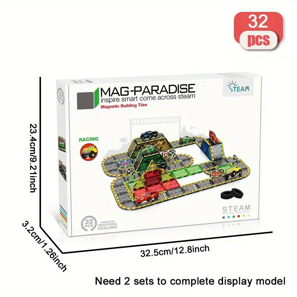 MOC 32pcs Race Car Magnetic Building Blocks - Large STEM Toy Set Creative Magnetic Toys, Children Educational Magnet Toys