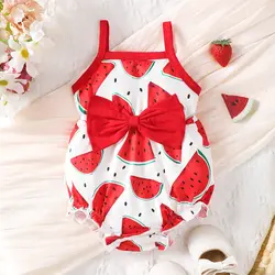 0-2-year-old newborn baby girl summer sleeveless sling bow red watermelon print cute one-piece triangle harnesses