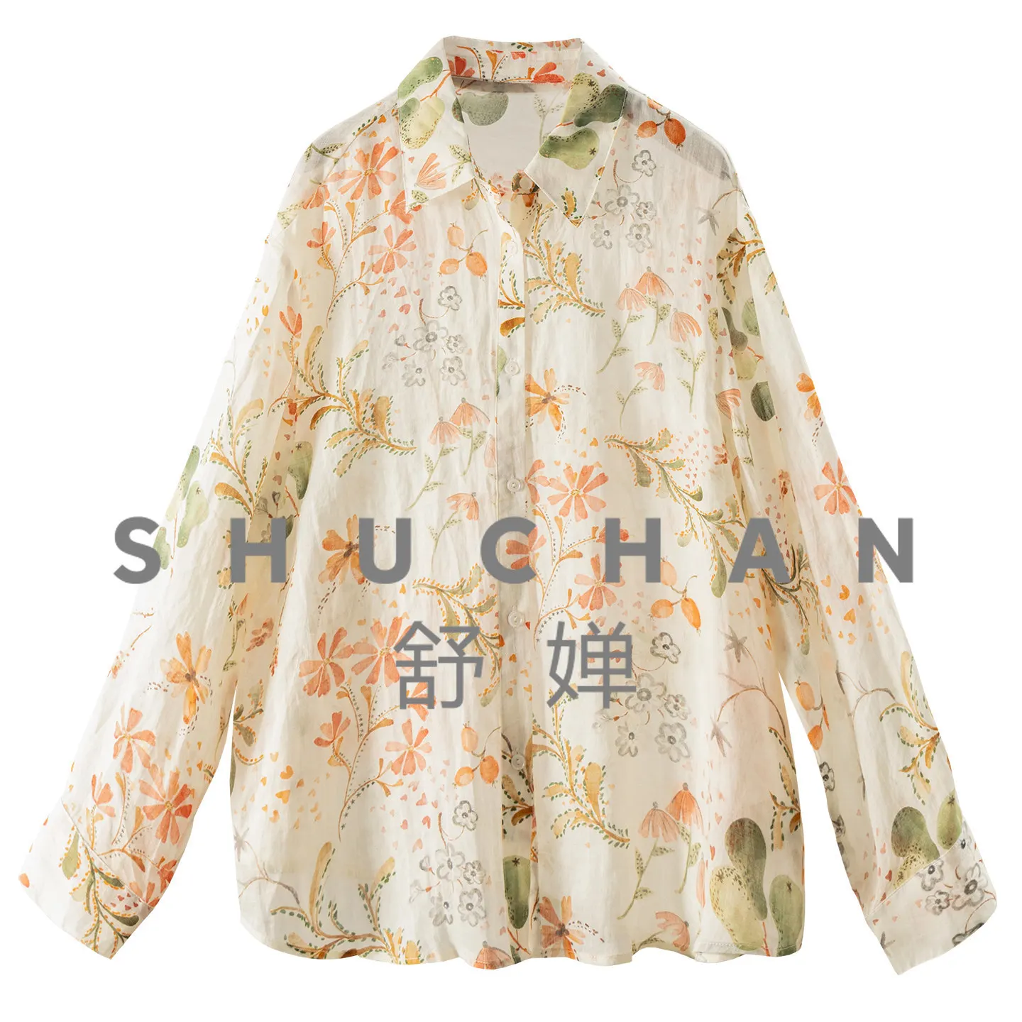 

Sense of Breath Loose Watercolor Orange Blossom Pear Shadow Ramie Shade Shirt Female 30M5 Tops Mujer