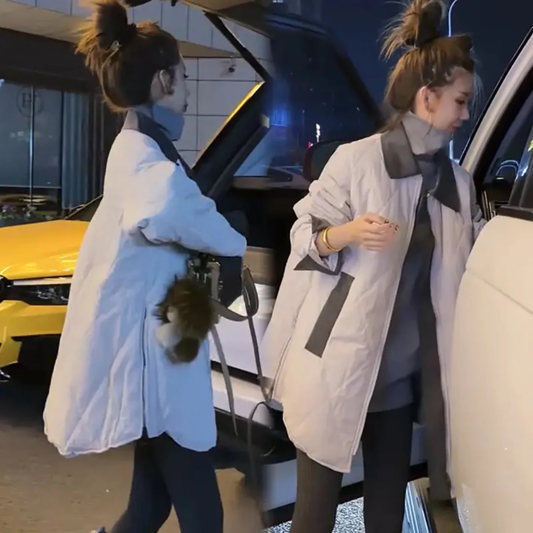 

Женская удлиненная хлопковая куртка оверсайз на осень-зиму, модная, с индивидуальным цветовым блоком, ромбовидным узором, в корейском стиле, с длинными рукавами