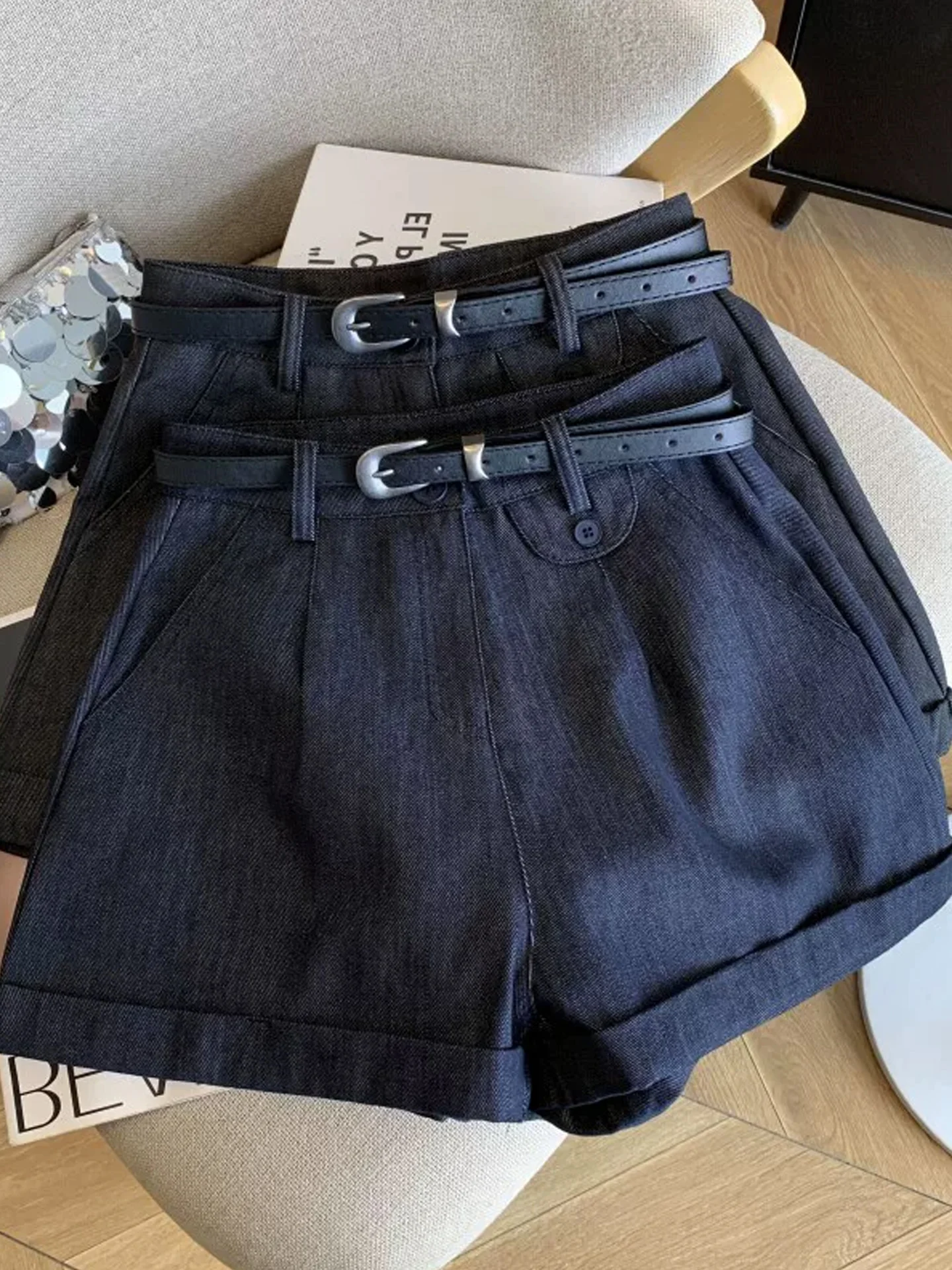 High Waist Wide Leg Short Jeans Women's Soft Silk Denim Cuffed Thin Versatile Casual Trousers Straight Cut Polyester Fiber