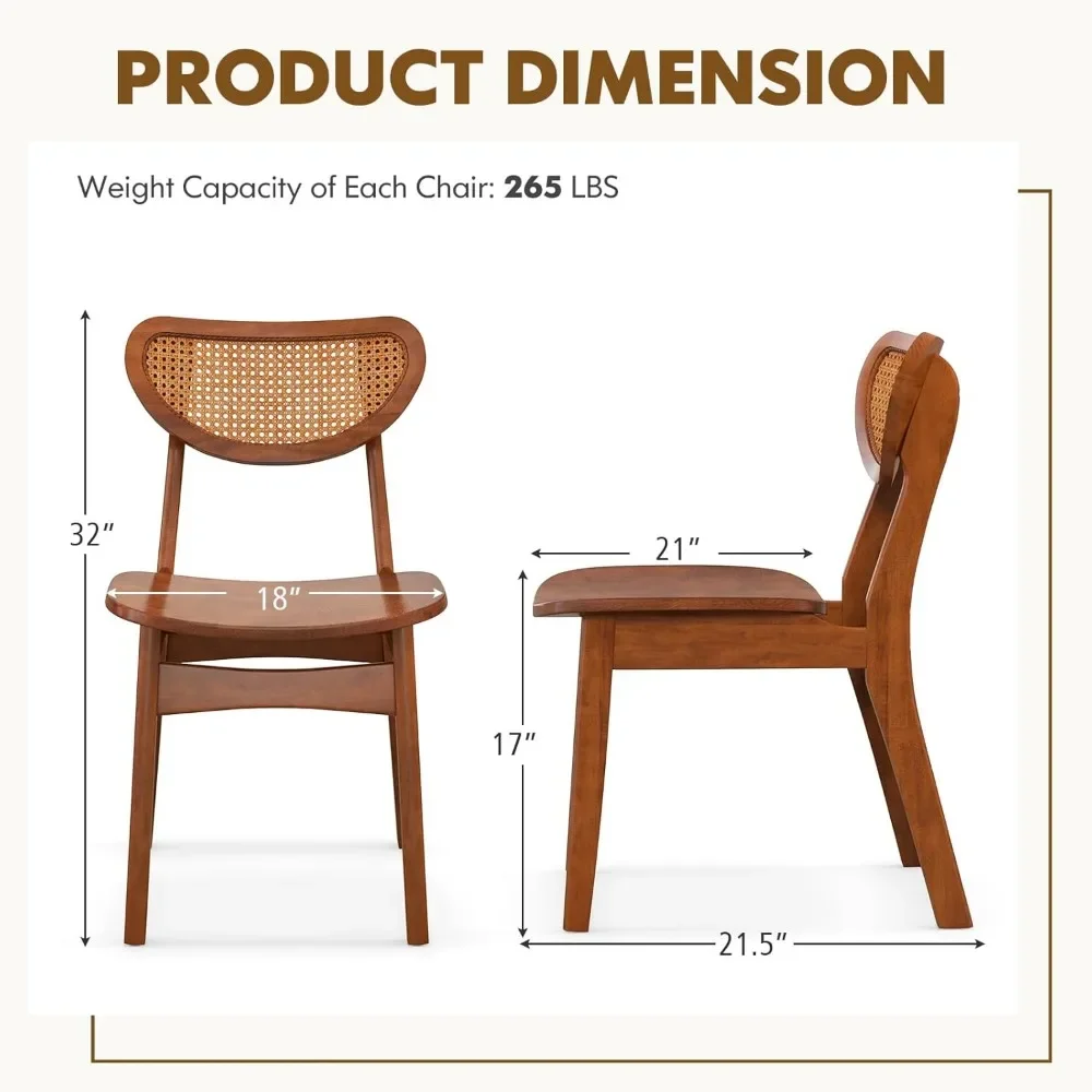 Set kursi makan kayu 4, kursi dapur tanpa lengan dengan sandaran tongkat jaring bernapas, kaki kayu karet, kursi samping rumah pertanian