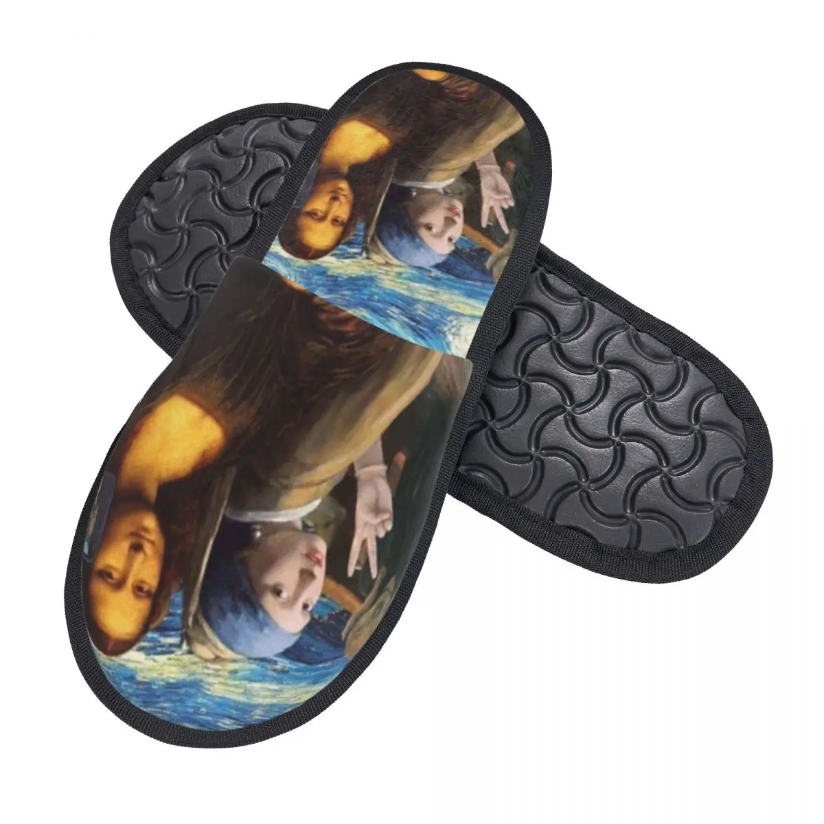 Custom Starry Night By Mona Lisa And Vincent Van Gogh Comfy Scuff With Memory Foam Slippers Women Art Painting Spa House Shoes