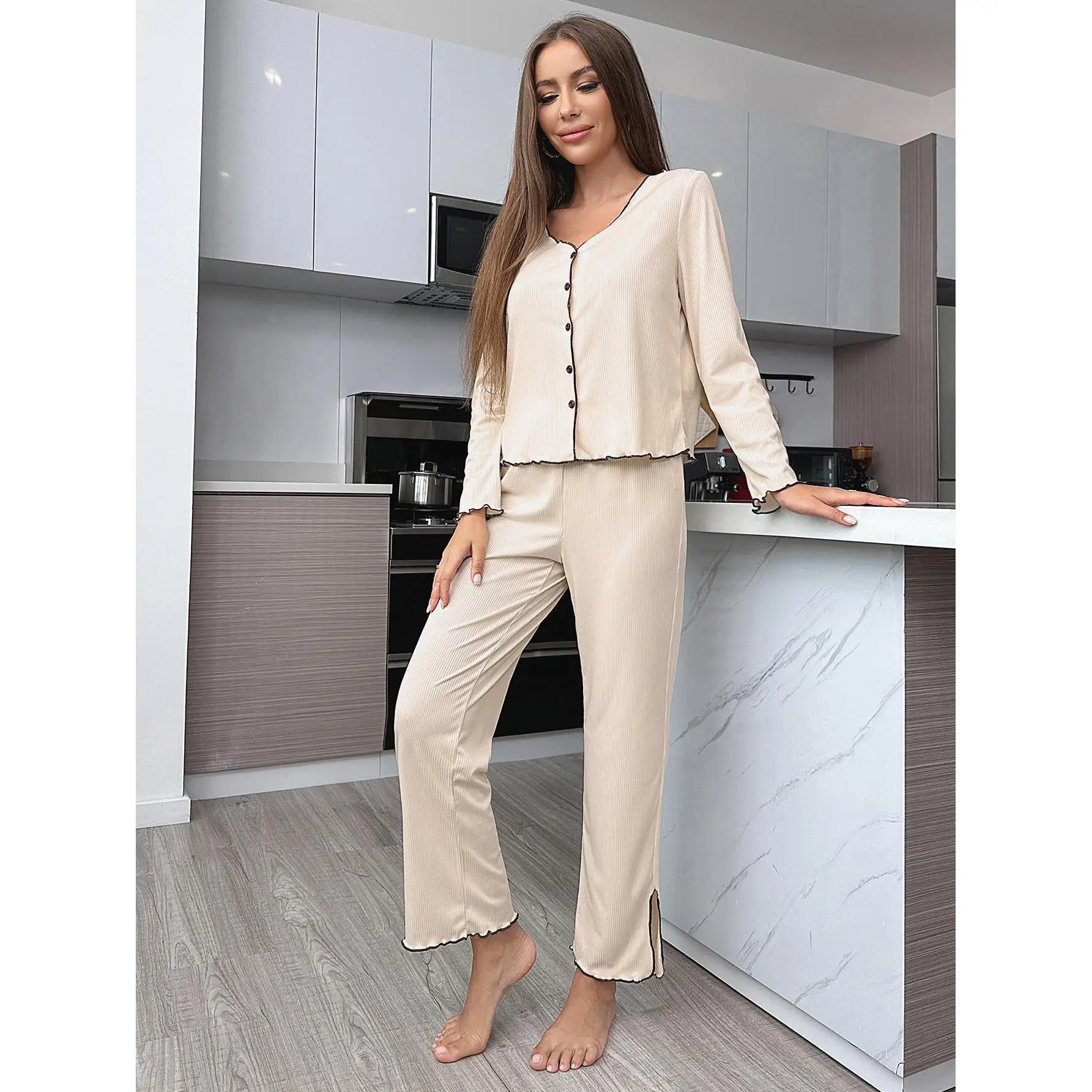 

Front Button Lettuce Women's Pajamas Set Long Sleeve V Neck Top & Side Split Solid Pants 2 Pieces Sleepwear Female Nightwear