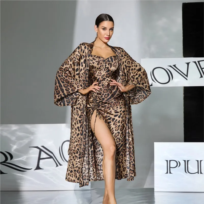 

Leopard Print Satin Pajama Women Chemise Robe Two Piece Sleepwear Removable Padded Bra Lantern Sleeve Long Nightgown Loungewear