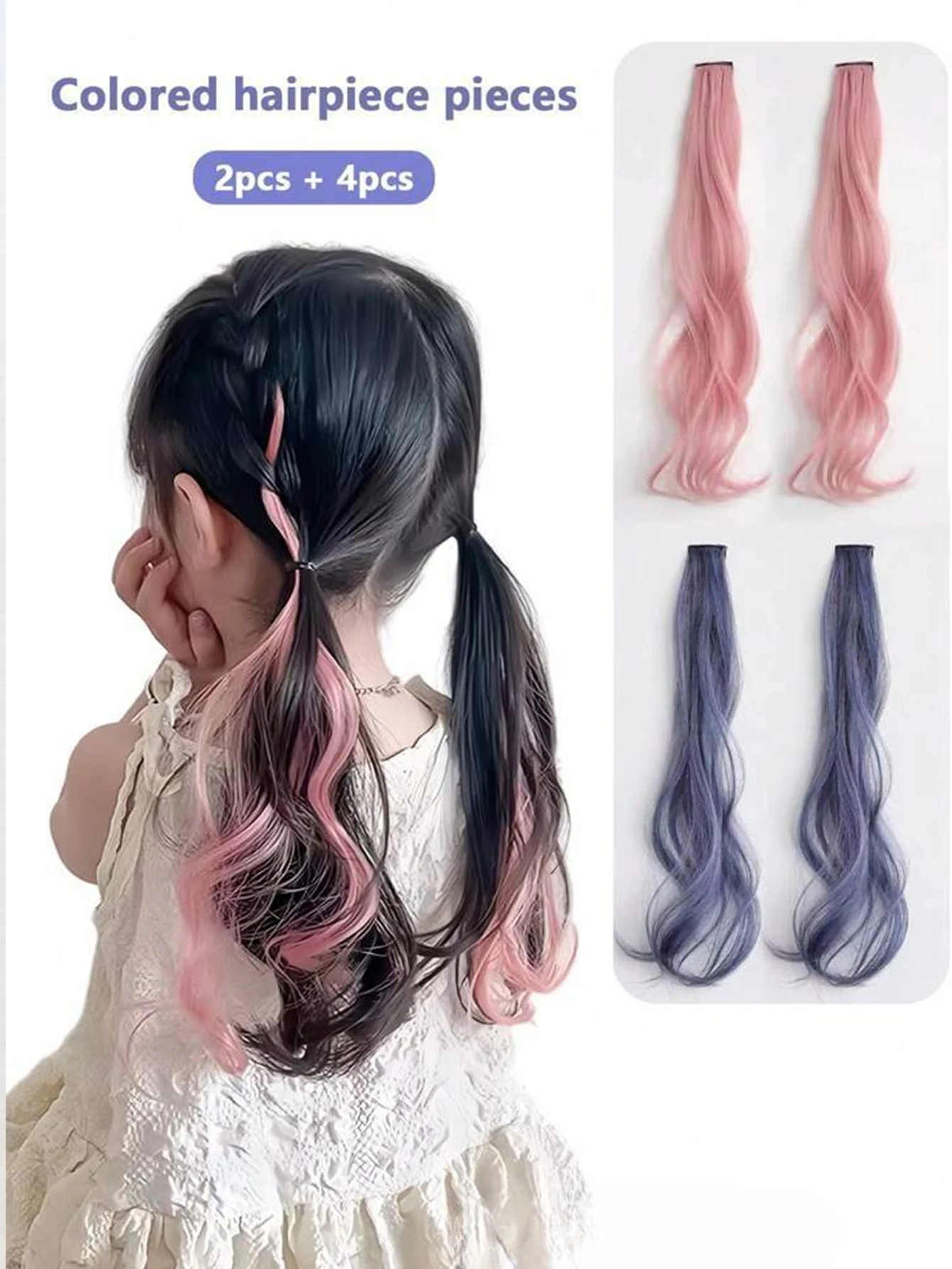 Rosa-blaue, farbige Clip-in-Haarverlängerungen aus langem, gewelltem Kunsthaar, Haarteile für Kinder und Frauen, für den Alltag, Party, Halloween, Cosplay-Kostüm – Detail 1
