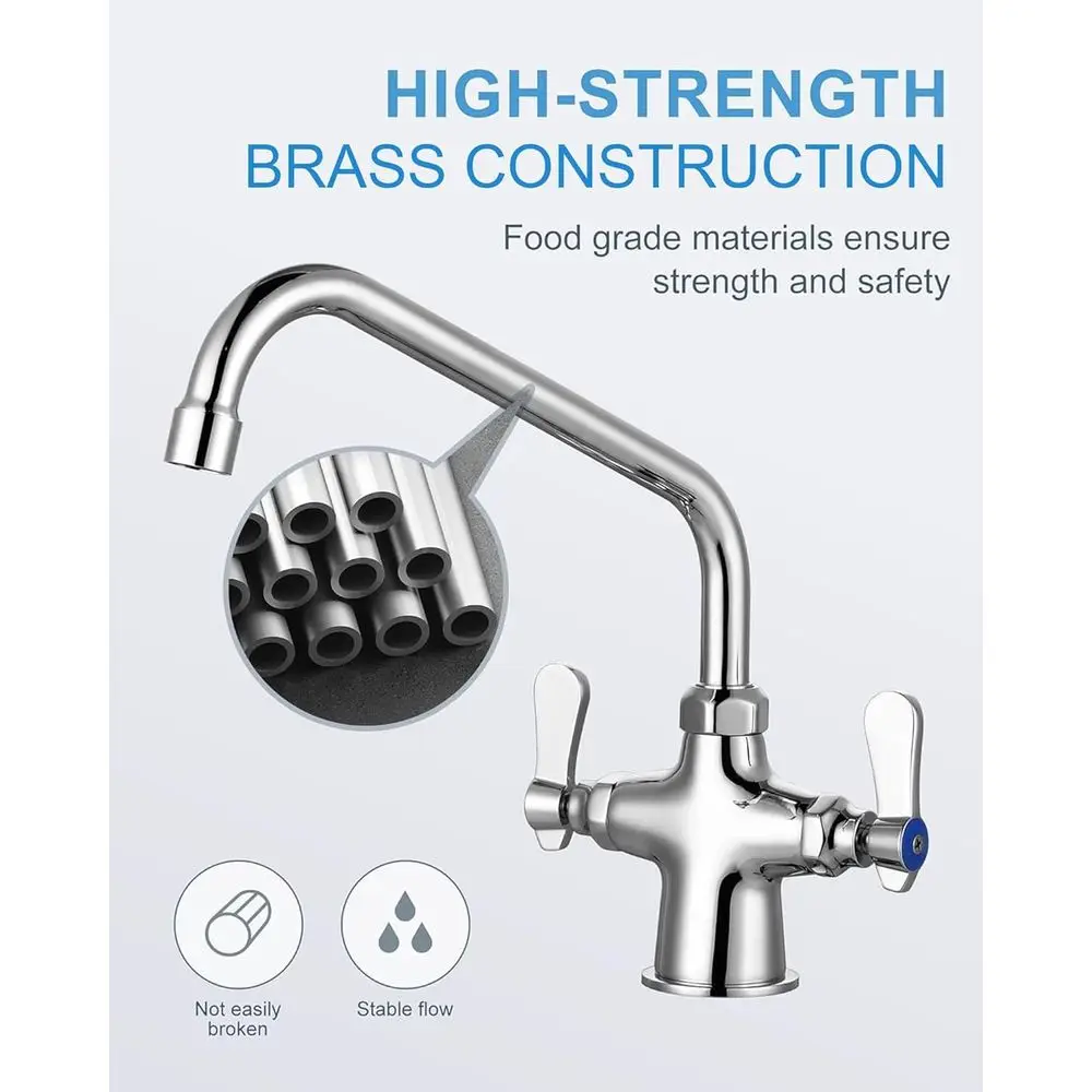 10 スイングスパウトデッキマウントデュアルハンドルキッチン蛇口、モダンな商用グレード、クロム仕上げ、真鍮製、供給付き