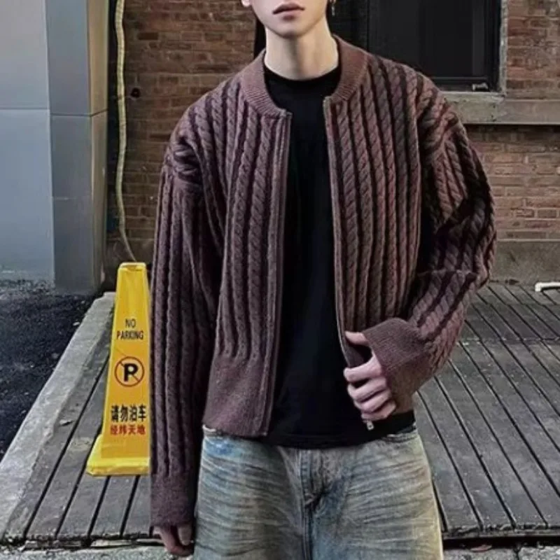 American Retro Color Contrast Vertical Twist Pattern Cardigan Men's Casual Zipper Sweater Coats Versatile High Street Knitwear