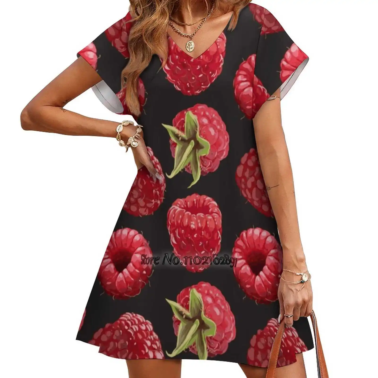 Raspberry Pattern Design Print Dress Short Sleeve V-Neck Fashion Skirt Thin Short Sleeve Skirts Background Pattern Fruit Berry