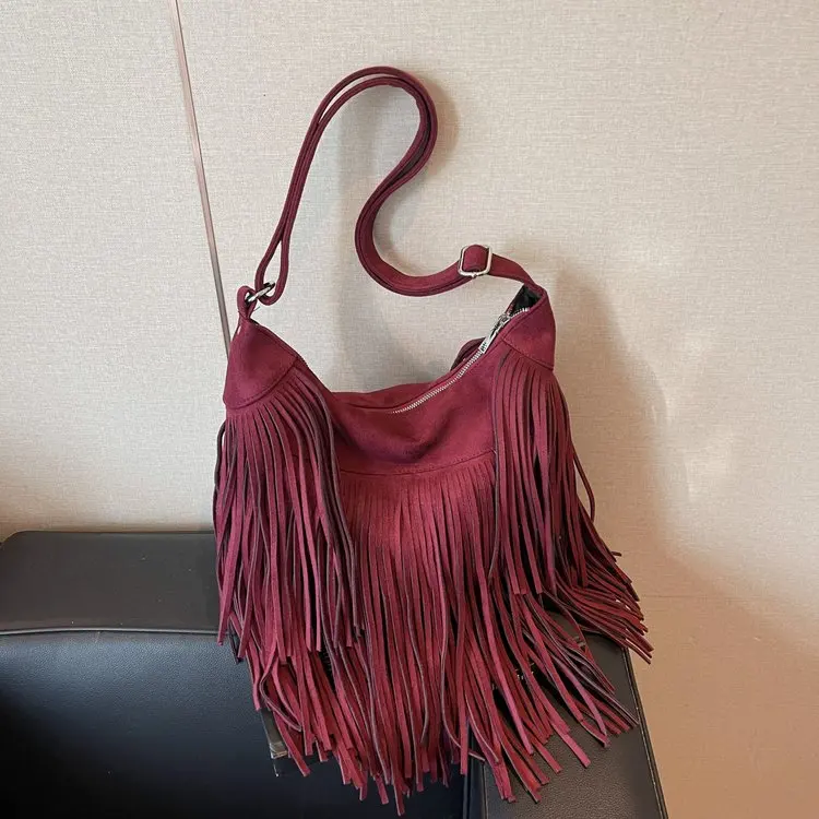 

2025 Autumn 439 New PC Zipper Shoulder Bag Fringed Bag Average Size Retro Shoulder Messenger Bag Fashion Bag