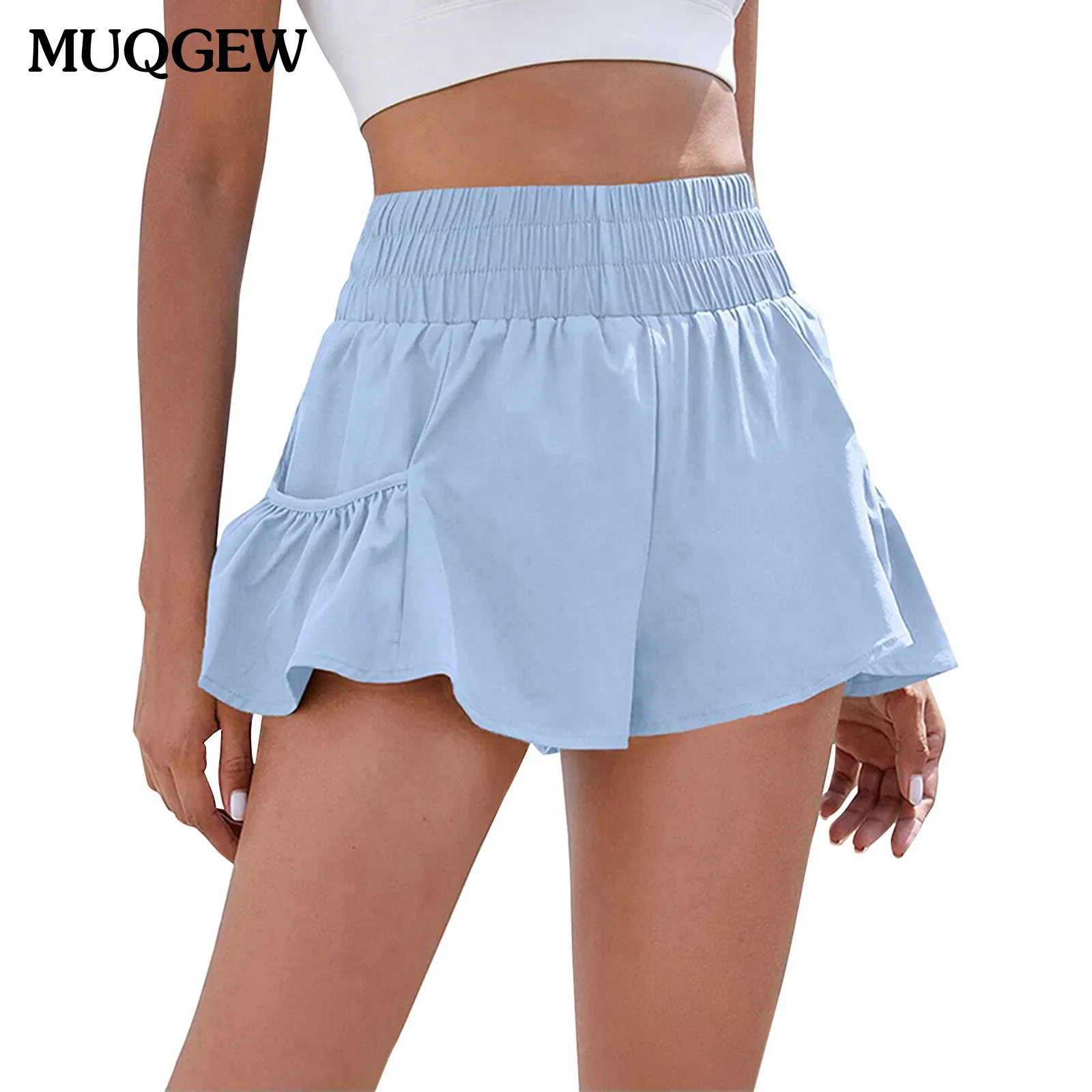 Summer Women's Clothing Fashion Trend Elastic High Waist Shorts Casual Loose Lady A-line Solid Color Wide Leg Pants