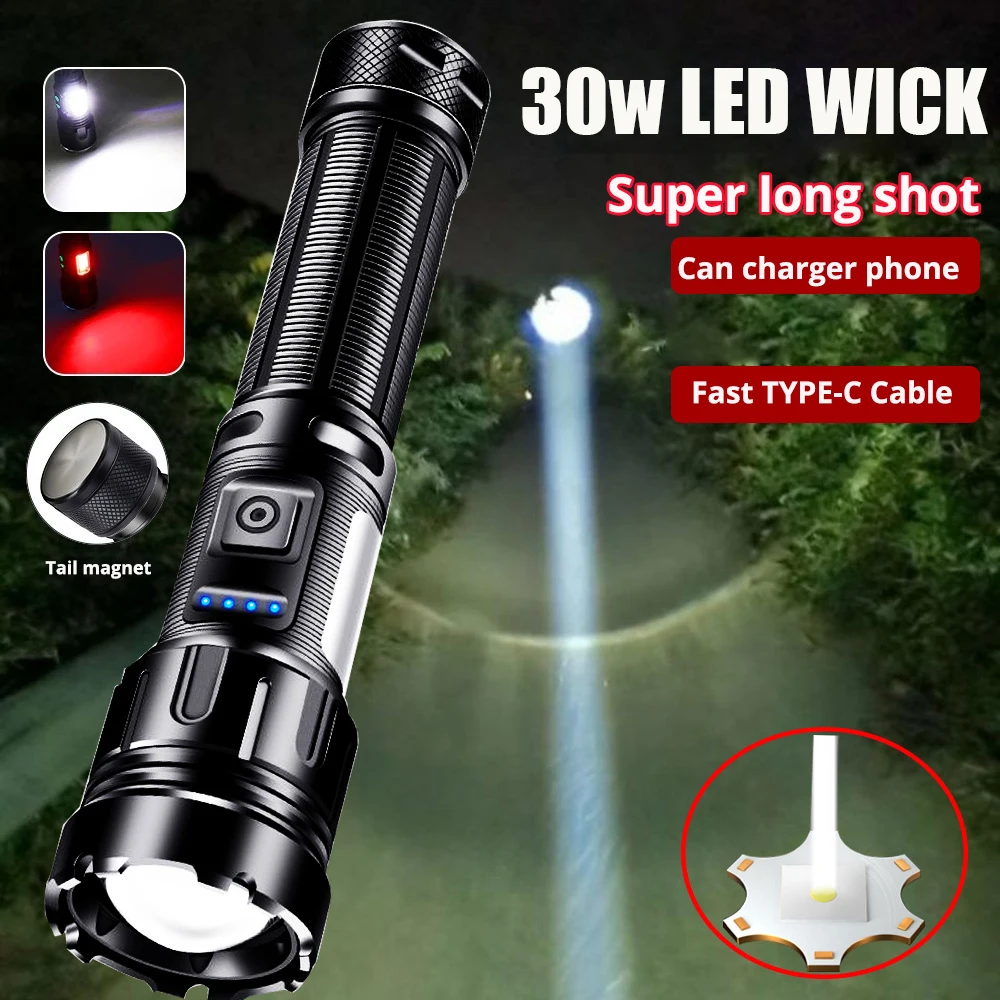 1500 Meters Most Powerful LED Flashlight TYPE-C USB Rechargeable Torch Light High Power Flashlight Tactical Lantern