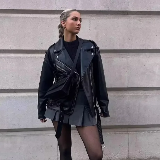 

Black Women's Autumn Leather Jackets Lapel Collar Zipper Long Sleeve Outwear Pu Jackets For Lady Streetwear Casual Female Coat