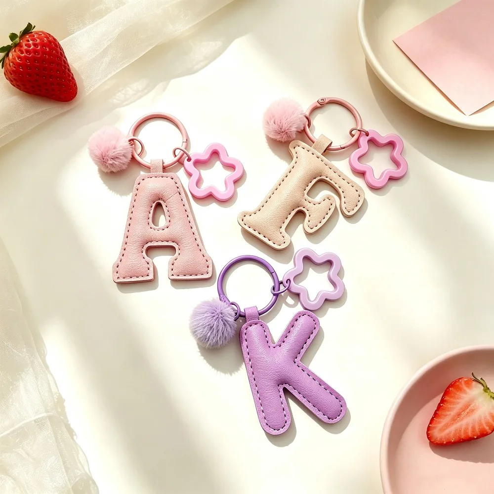 INS Versatile 26 Letter Cute Plush Pendant PU Leather Bag Car Keychain Star Buckle Multi-color New Keyring Wholesale Gift