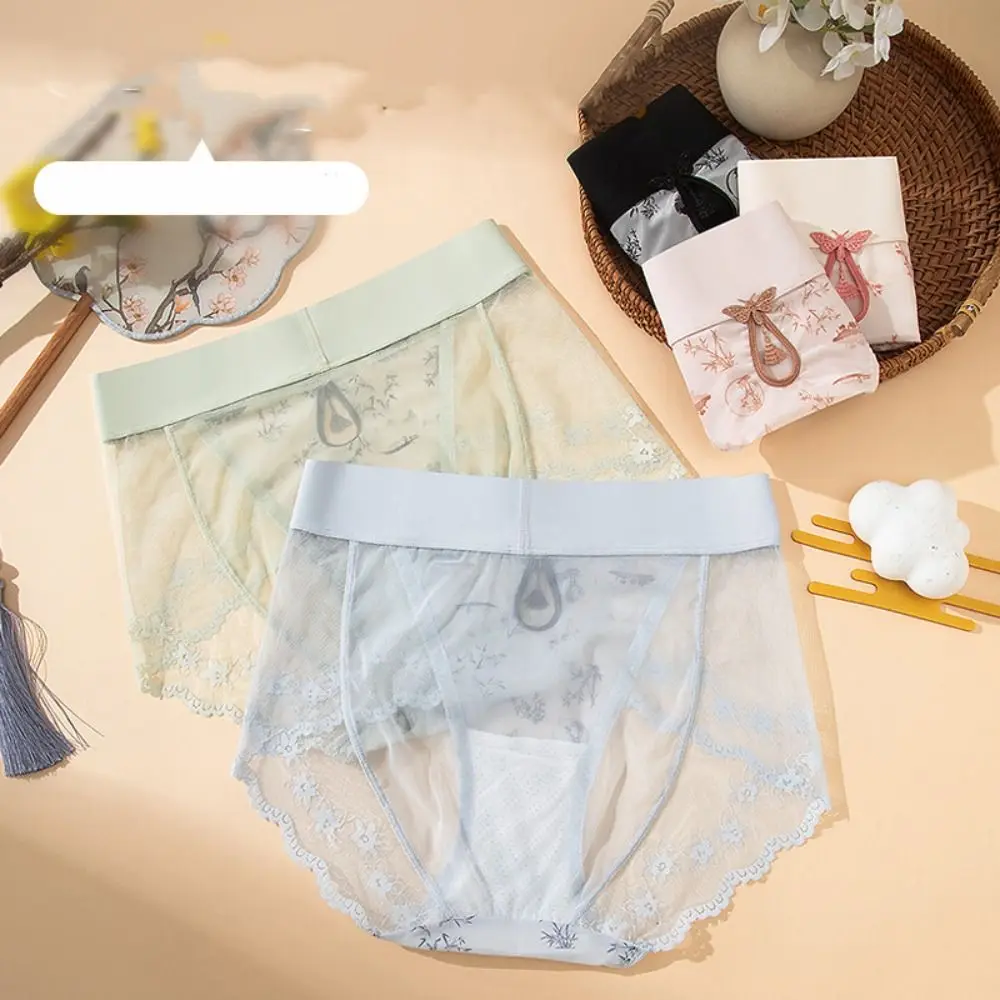

Chinese Style Lace Mesh Panties Sweet Ink Wash Painting Satin Silk Briefs Women Underpants Quick Dry Lace Flower Underwear