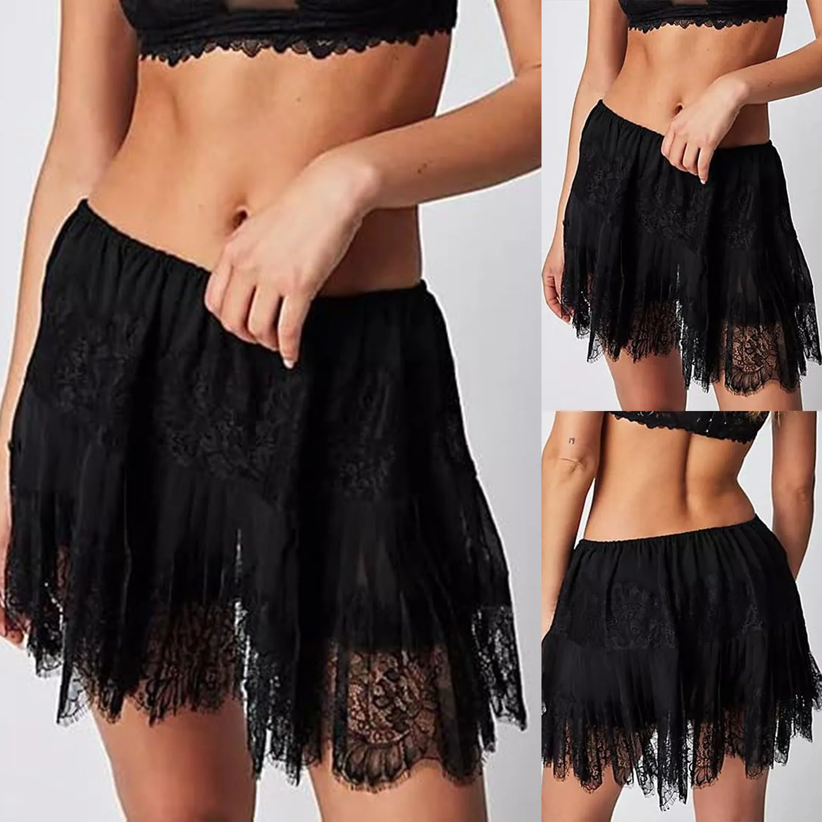 Fashion Women Lace Mini Skirt Low Rise Pleated Ruffle Half Slip Skirt Layered Flowy Short Skirt Beach Holiday Streetwear