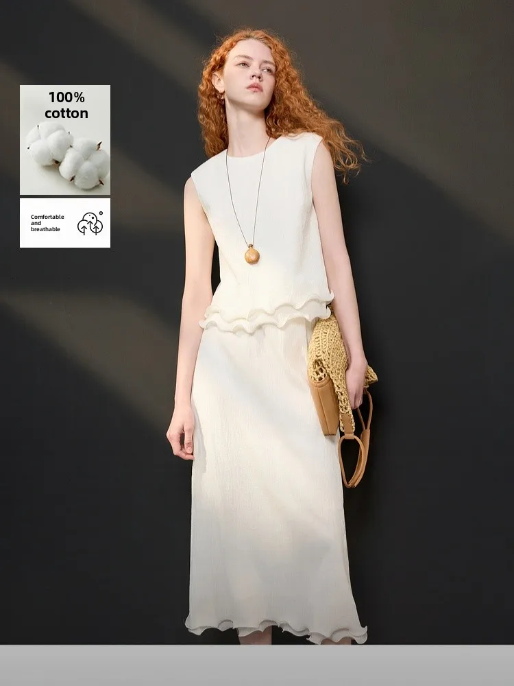 

Summer New Tee-Color Long Velvet Cotton Set round Ne Svel Overhead f Skirt Long Dr Two-Piece Set Women's Faion