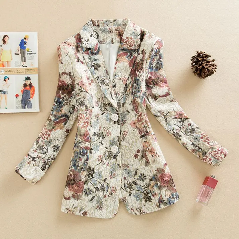 

Long Sve Lace ort Printed Women's Jaet Slim Fit plus Size Faionable Spring Autumn Outerwear Polyester Fabric