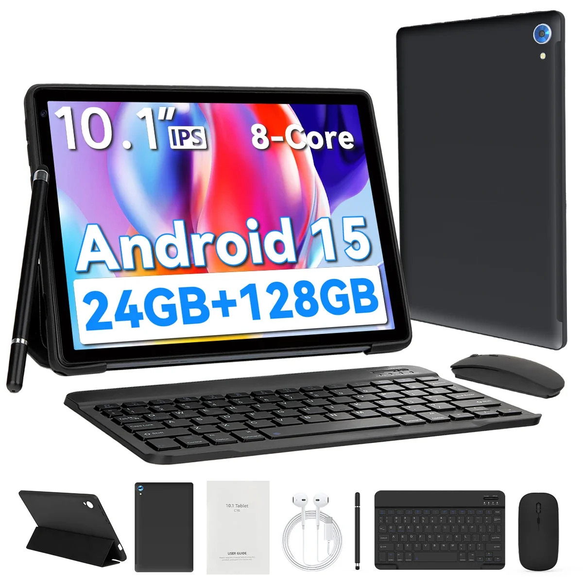 URAO 10인치 안드로이드 15 태블릿 8코어 태블릿 24GB+128GB 1TB 확장 WiFi6 5MP+8MP 스타일러스 키보드 마우스 헤드폰 PC 패드 세트