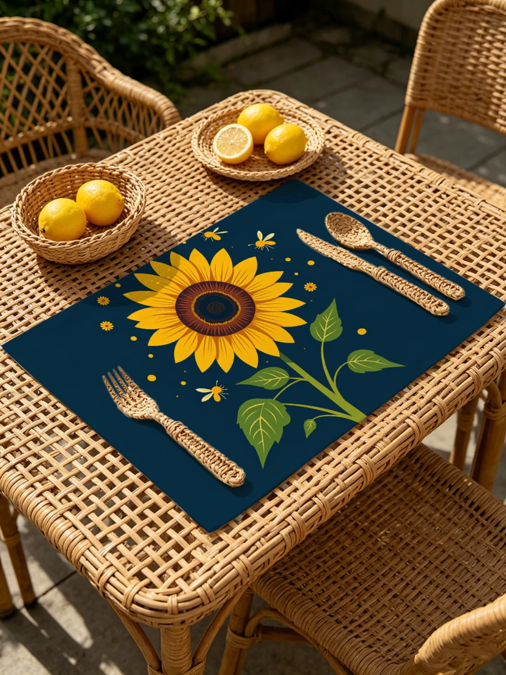 Printed Placemats for Dining Table Kitchen Holiday Parties Sunflower On Dark Blue Background