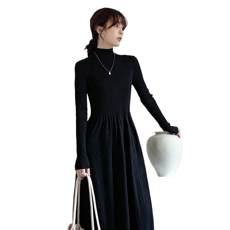 Camada de base interior usar petite vestido feminino inverno engrossado novo estilo francês camisola de malha vestido longo feminino