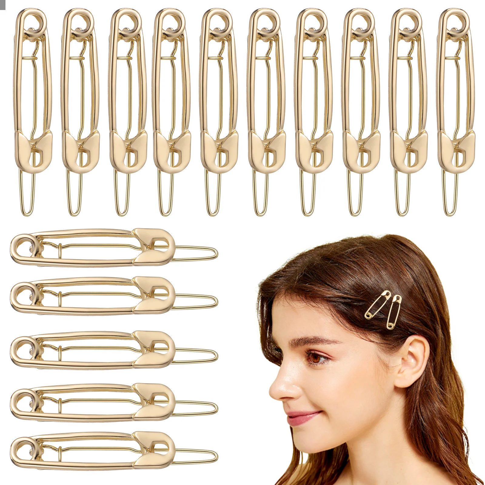 

15 pcs Safety Pin Hair Clips Strong Alloy Elastic Barrettes for Women Girls Golden Color Styling Accessories Versatile Long