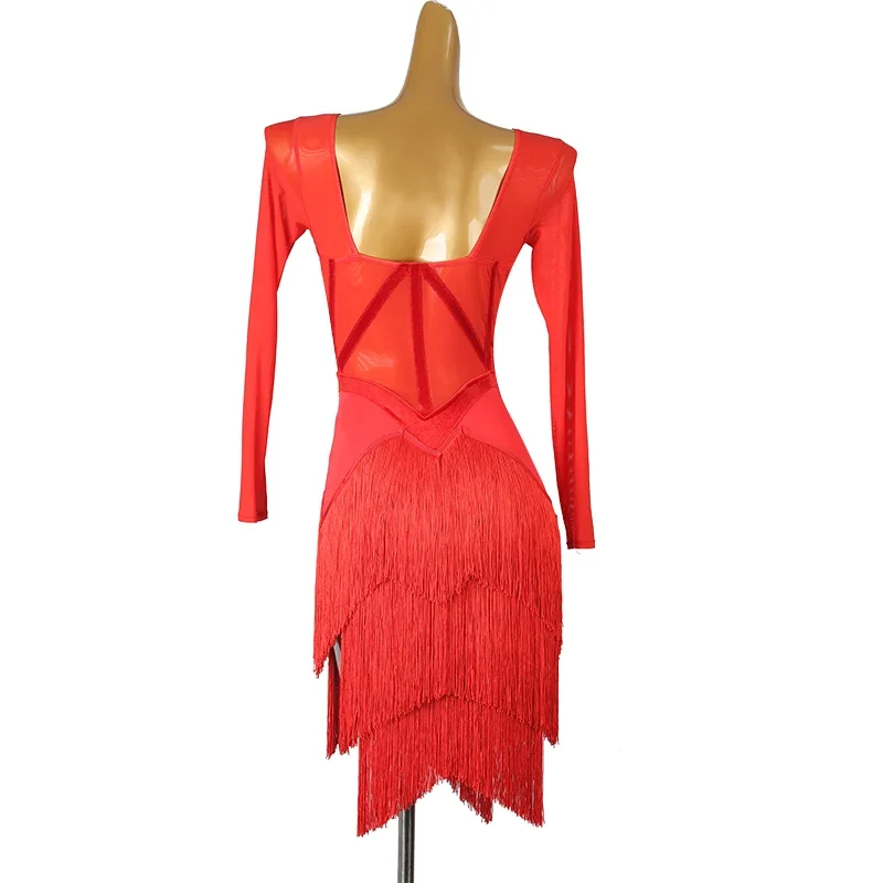 Nowa sukienka do tańca latynoamerykańskiego z frędzlami dla kobiet, na występy, salsę, rumby, imprezy, z długim rękawem, strój sceniczny do tańca towarzyskiego, 2025