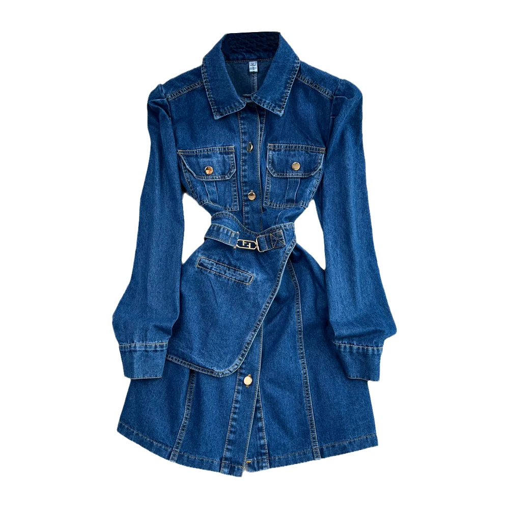 2023 Spring Autumn Korean Style Women Denim Dress Fashionable Long Sleeve Single Breasted Slim A-Line Mini Ladies Dress