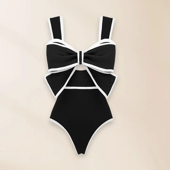 Hot Selling Retro Conservative Bikini Set Solid Color Bow One Piece Swimsuit New Style in Ins for European and American Markets